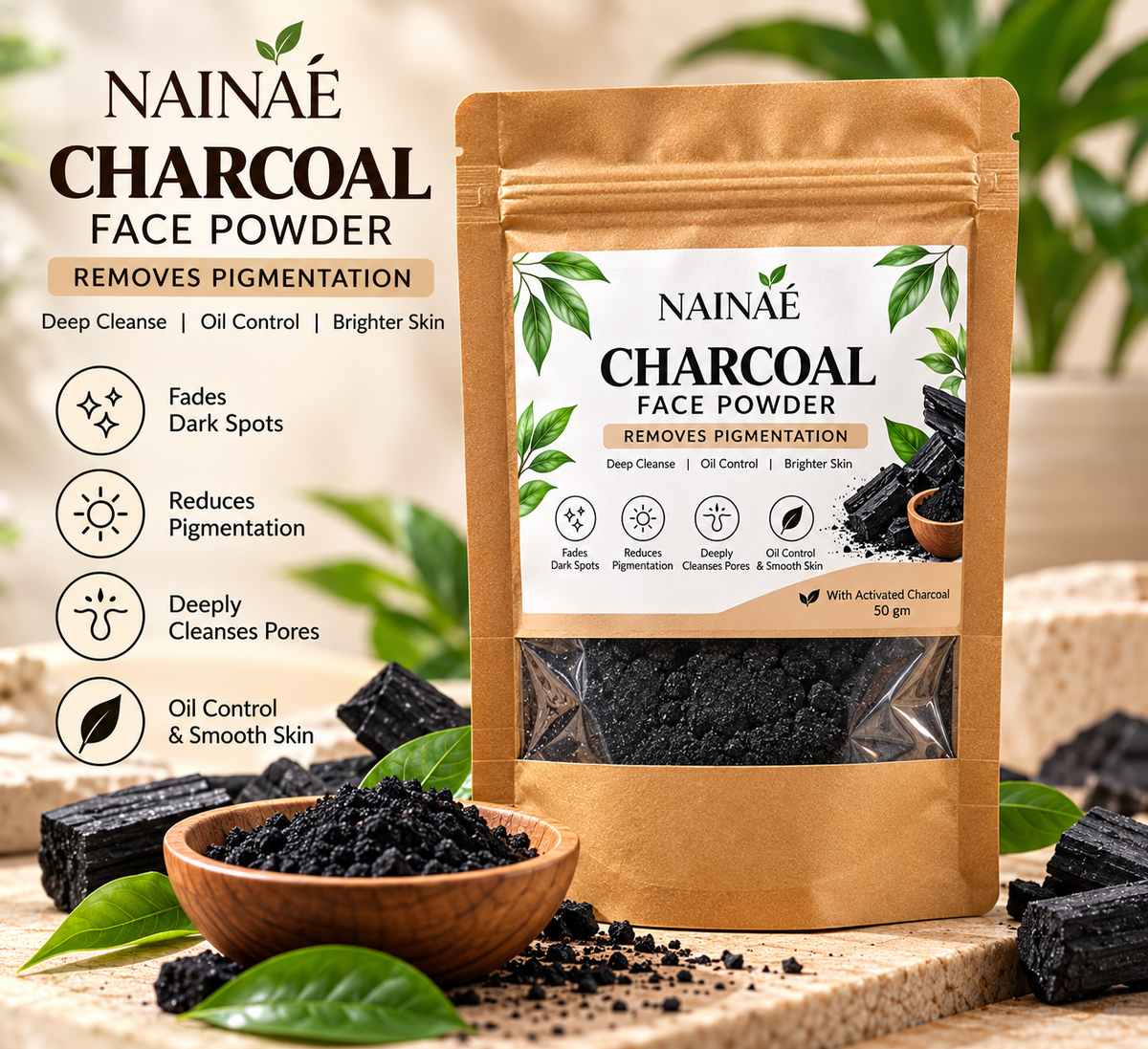 NAINAÉ Activated Charcoal Face Powder for Deep Cleansing, Oil Control & Fresh-Looking Skin | Face Pack Powder for Men & Women | 50g