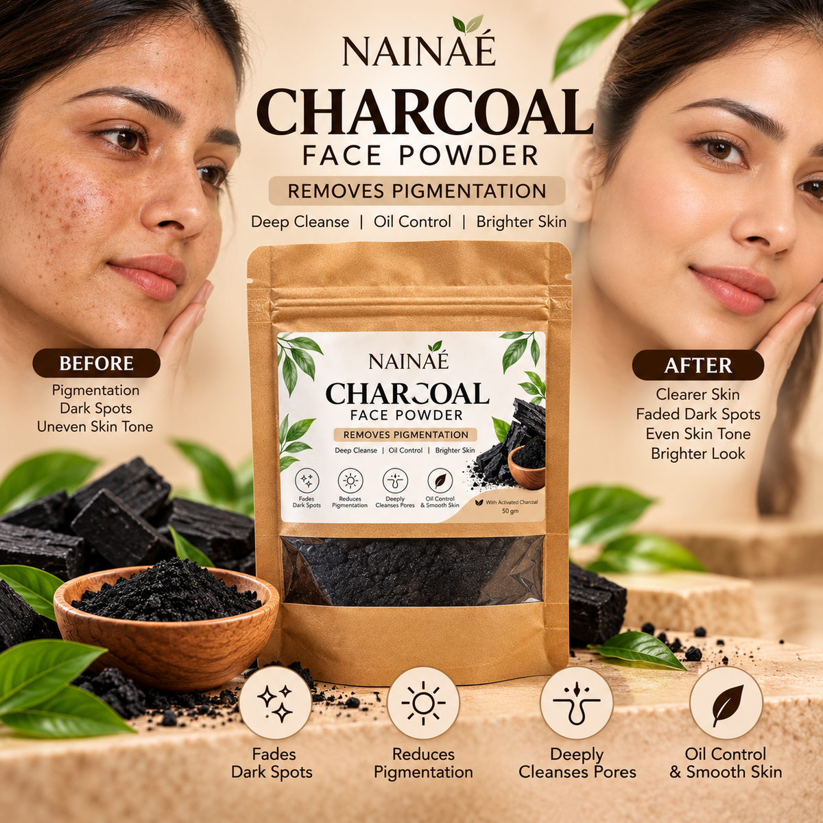 NAINAÉ Activated Charcoal Face Powder for Deep Cleansing, Oil Control & Fresh-Looking Skin | Face Pack Powder for Men & Women | 50g