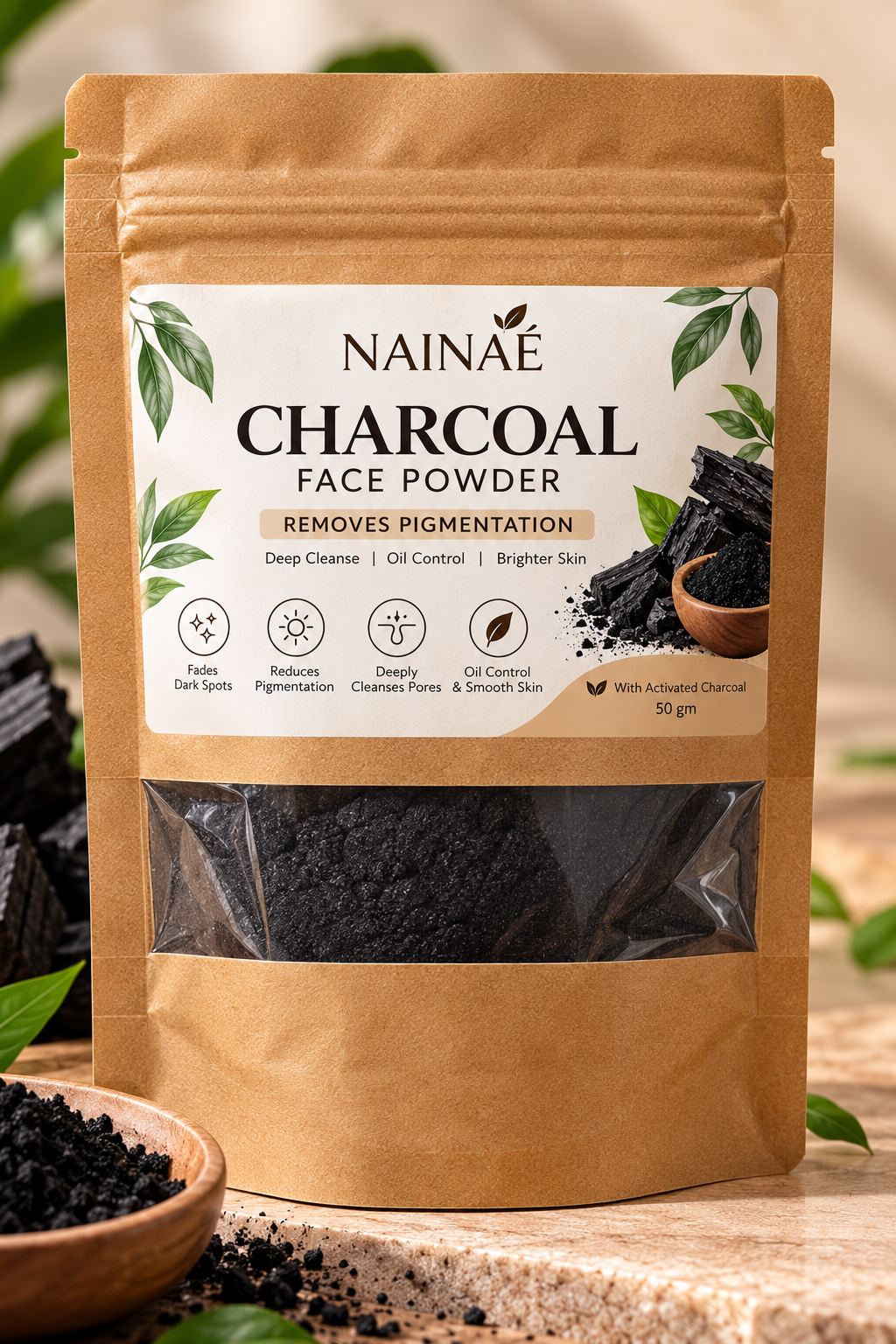 NAINAÉ Activated Charcoal Face Powder for Deep Cleansing, Oil Control & Fresh-Looking Skin | Face Pack Powder for Men & Women | 50g