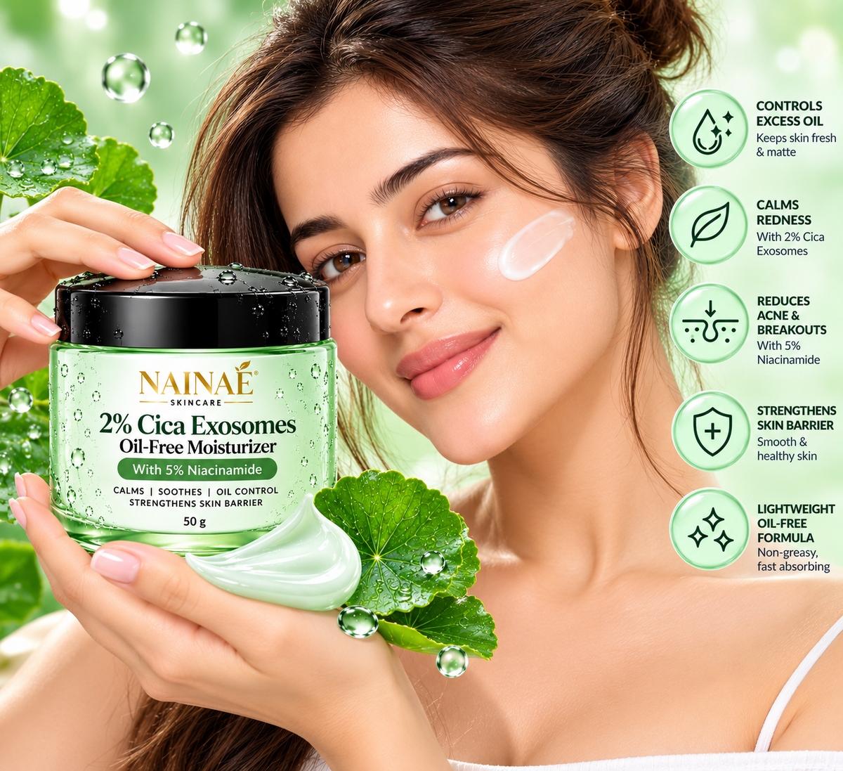 NAINAÉ 2% Cica Exosomes Oil-Free Moisturizer with 5% Niacinamide | Lightweight Hydrating Face Cream for Oily & Acne-Prone Skin | Soothes Skin, Controls Excess Oil & Supports Skin Barrier | 50g