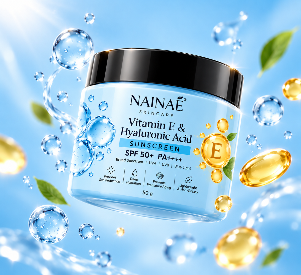 NAINAÉ Vitamin E & Hyaluronic Acid Sunscreen SPF 50+ PA++++ | Broad Spectrum UVA & UVB Protection | Deep Hydration, Lightweight & Non-Greasy | For All Skin Types | 50g