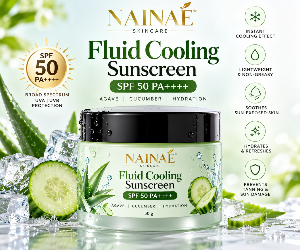 NAINAÉ Fluid Cooling Sunscreen SPF 50 PA++++ | Broad Spectrum UVA & UVB Protection | Agave & Cucumber | Lightweight, Non-Greasy & Hydrating | 50g