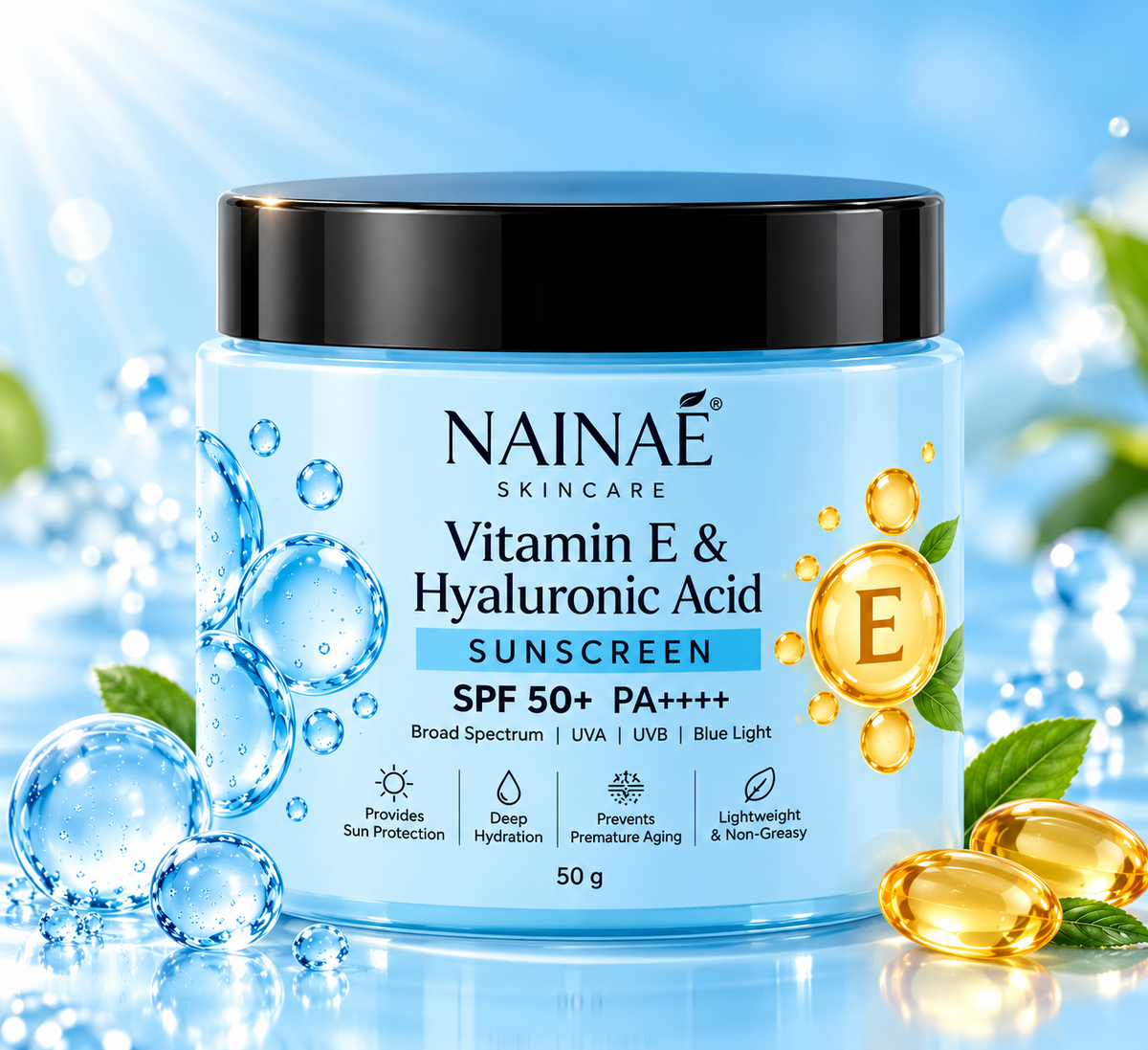 NAINAÉ Vitamin E & Hyaluronic Acid Sunscreen SPF 50+ PA++++ | Broad Spectrum UVA & UVB Protection | Deep Hydration, Lightweight & Non-Greasy | For All Skin Types | 50g
