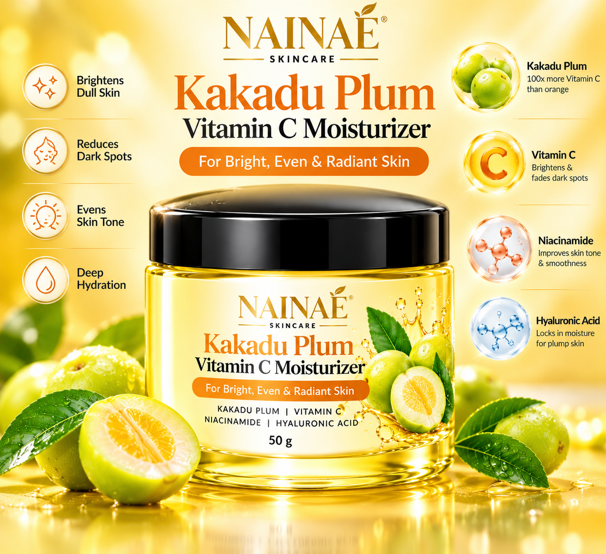 NAINAÉ Kakadu Plum Vitamin C Moisturizer with Niacinamide & Hyaluronic Acid | Brightening, Hydrating & Radiant Skin Face Cream | 50g