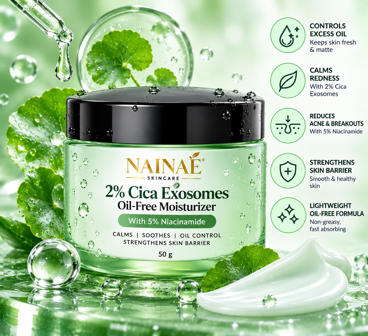 NAINAÉ 2% Cica Exosomes Oil-Free Moisturizer with 5% Niacinamide | Lightweight Hydrating Face Cream for Oily & Acne-Prone Skin | Soothes Skin, Controls Excess Oil & Supports Skin Barrier | 50g