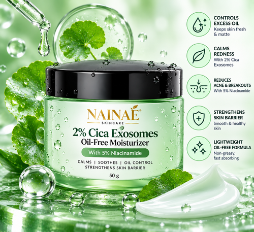 NAINAÉ 2% Cica Exosomes Oil-Free Moisturizer with 5% Niacinamide | Lightweight Hydrating Face Cream for Oily & Acne-Prone Skin | Soothes Skin, Controls Excess Oil & Supports Skin Barrier | 50g