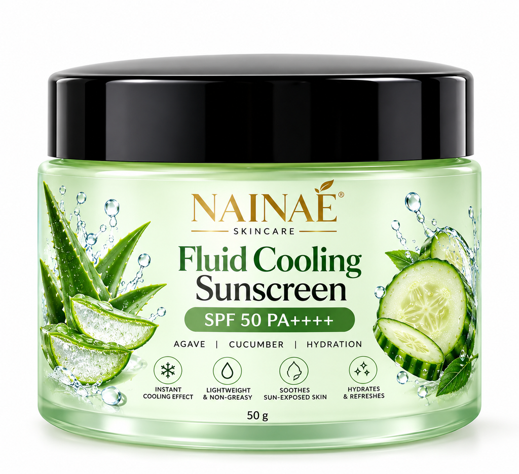 NAINAÉ Fluid Cooling Sunscreen SPF 50 PA++++ | Broad Spectrum UVA & UVB Protection | Agave & Cucumber | Lightweight, Non-Greasy & Hydrating | 50g