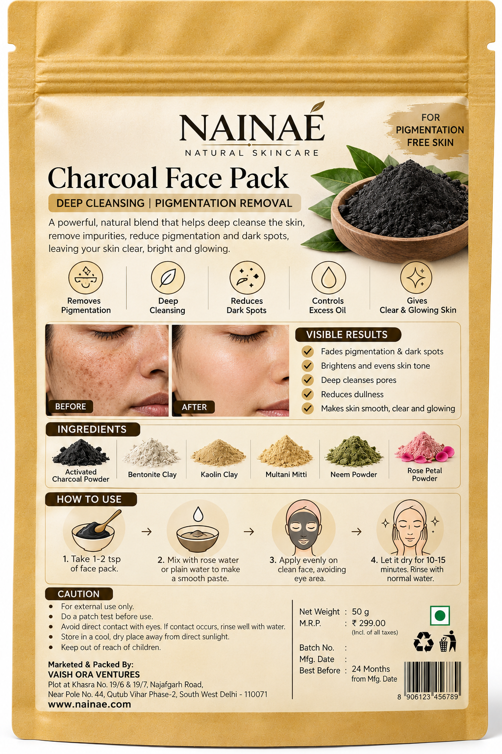 NAINAÉ Bentonite Clay Face Pack Powder – Deep Pore Cleansing, Oil Control & Skin Purifying Face Mask | For Clear, Smooth & Glowing Skin | 50g