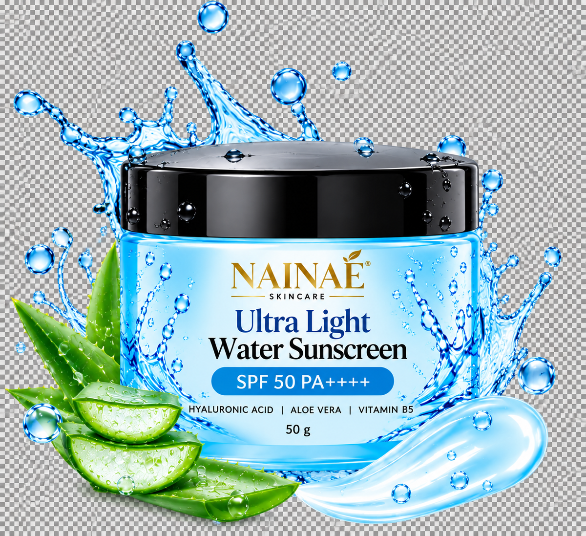 NAINAÉ Ultra Light Water Sunscreen SPF 50 PA++++ | With Hyaluronic Acid, Aloe Vera & Vitamin B5 | Hydrating & Lightweight Sunscreen for Face | 50g