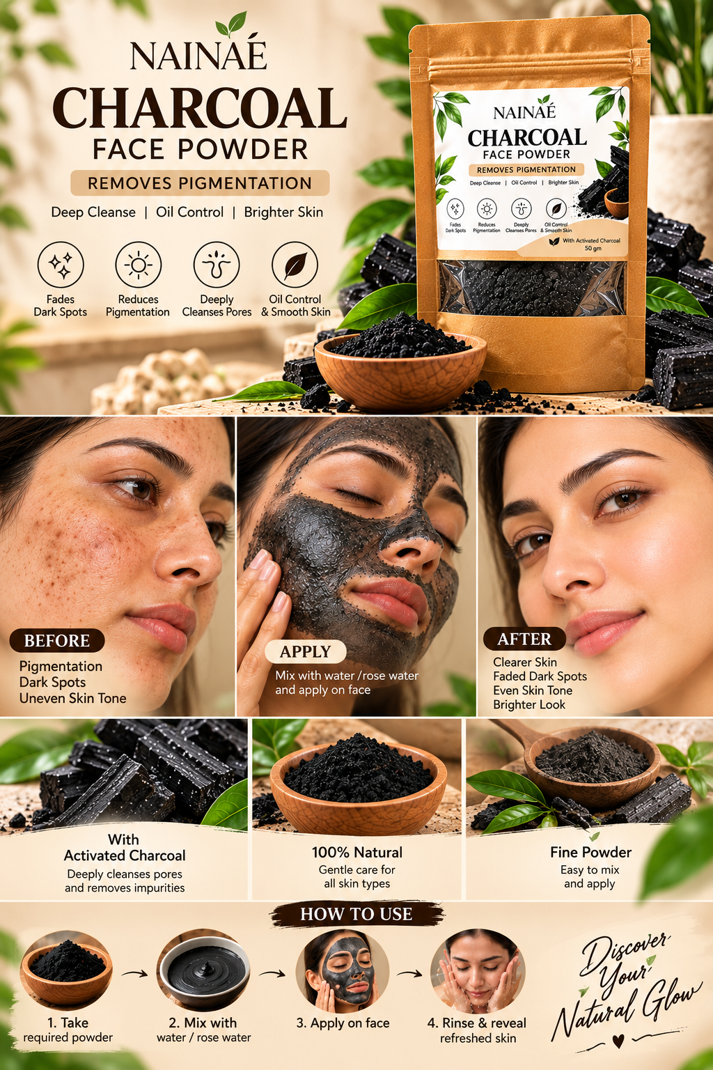 NAINAÉ Activated Charcoal Face Powder for Deep Cleansing, Oil Control & Fresh-Looking Skin | Face Pack Powder for Men & Women | 50g