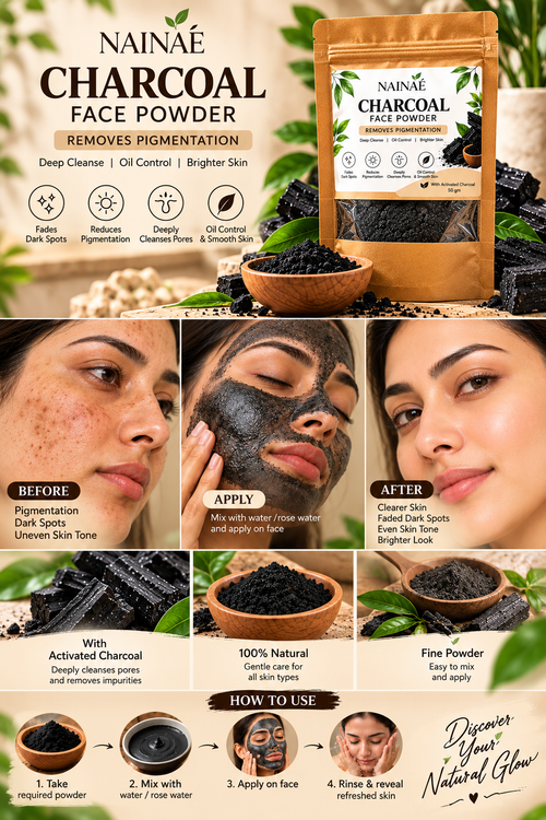 NAINAÉ Activated Charcoal Face Powder for Deep Cleansing, Oil Control & Fresh-Looking Skin | Face Pack Powder for Men & Women | 50g