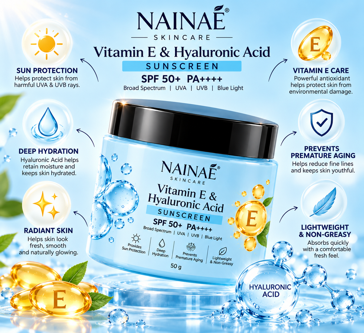 NAINAÉ Vitamin E & Hyaluronic Acid Sunscreen SPF 50+ PA++++ | Broad Spectrum UVA & UVB Protection | Deep Hydration, Lightweight & Non-Greasy | For All Skin Types | 50g