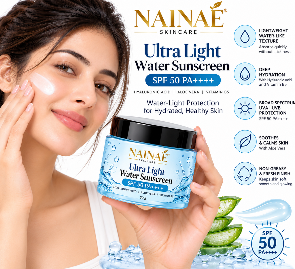 NAINAÉ Ultra Light Water Sunscreen SPF 50 PA++++ | With Hyaluronic Acid, Aloe Vera & Vitamin B5 | Hydrating & Lightweight Sunscreen for Face | 50g