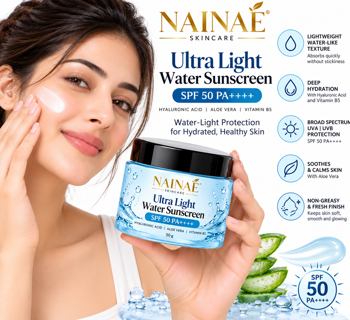 NAINAÉ Ultra Light Water Sunscreen SPF 50 PA++++ | With Hyaluronic Acid, Aloe Vera & Vitamin B5 | Hydrating & Lightweight Sunscreen for Face | 50g